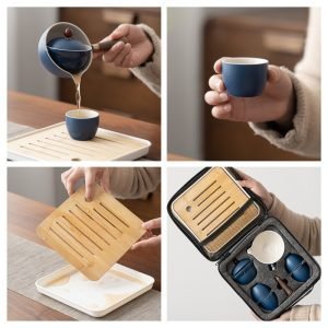 Best White And Blue Rotation Ceramic Portable Tea Set Travel Case