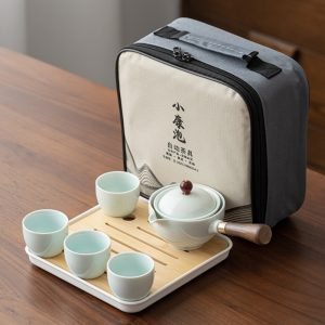 Best White And Blue Rotation Ceramic Portable Tea Set Travel Case