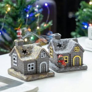 White and Gold Christmas House with Smoking chimney Log Cabin Incense Burner