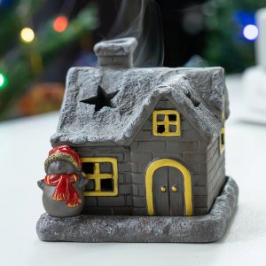 White and Gold Christmas House with Smoking chimney Log Cabin Incense Burner