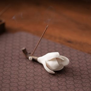 White and Pink Magnolia Ceramic Stick Incense Burner Holder
