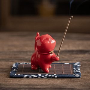 White and Red Cute Cat-Shaped Stick Incense Burner Holder