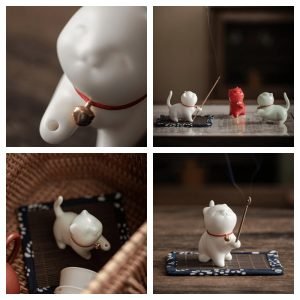 White and Red Cute Cat-Shaped Stick Incense Burner Holder