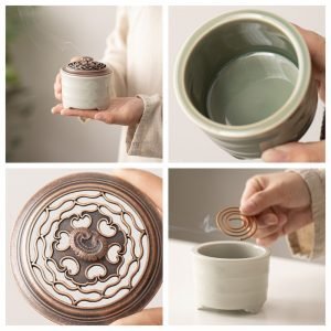 White and Teal Porcelain Charcoal and Powder Cone Incense Burner Holder