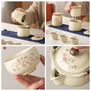 Antique Wisteria Pattern Porcelain Travel Tea And Coffee Set With Case