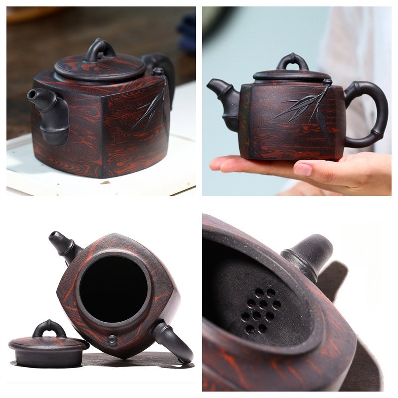11.1 Oz Large Bamboo Leaf Pattern Black Chinese Yixing Purple Clay Teapot With Maker’s Marks 11.1 Oz Large Bamboo Leaf Pattern Black Chinese Yixing Purple Clay Teapot With Maker's Marks