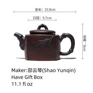 11.1 Oz Large Bamboo Leaf Pattern Black Chinese Yixing Purple Clay Teapot With Maker's Marks