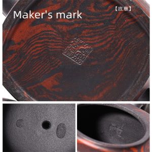 11.1 Oz Large Bamboo Leaf Pattern Black Chinese Yixing Purple Clay Teapot With Maker's Marks