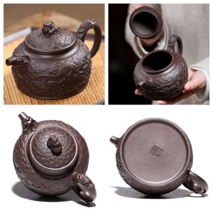11.1 Oz Antique Swimming Dragon Pattern Chinese Yixing Clay Zisha Pottery Teapot