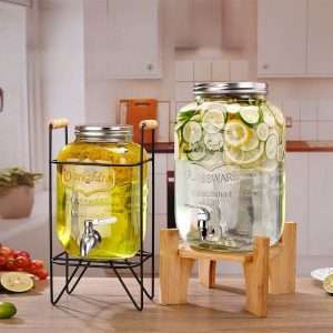 1 And 2.2 Gallon Elegant Glass Sun Tea Jar Container With Stand And Spigot For Vintage Lovers
