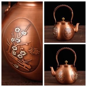 47.3 Fl Oz Antique Handmade Solid Lotus Pattern Silver On Copper Teapot Kettle