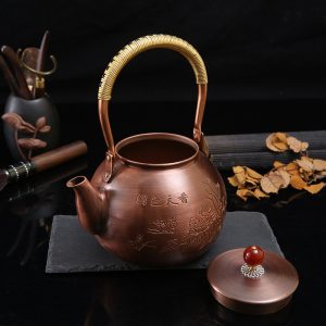 43.9 Fl Oz Antique Solid Copper Teapot Kettle With Peony Butterfly Pattern