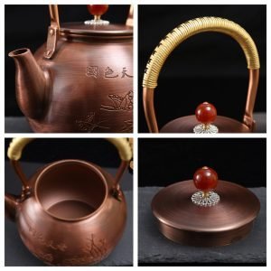 43.9 Fl Oz Antique Solid Copper Teapot Kettle With Peony Butterfly Pattern