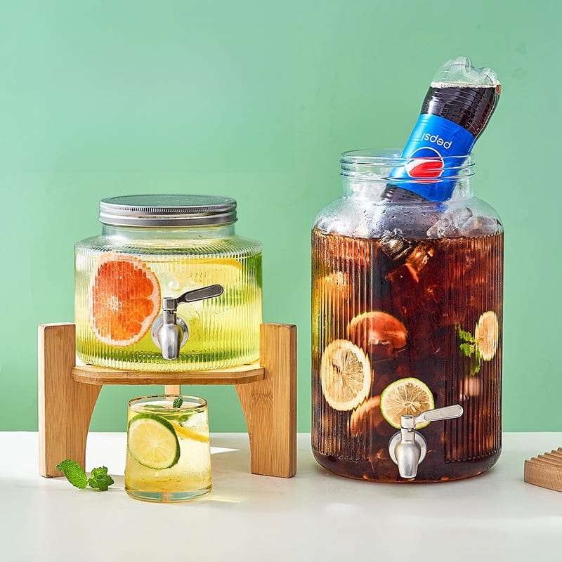 0.8 And 1.6 Gallon Crystal Clear Glass Sun Tea Jar Set With Wooden And Metal Stand 0.8 And 1.6 Gallon Crystal Clear Glass Sun Tea Jar Set With Wooden And Metal Stand