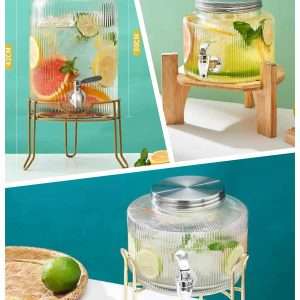 0.8 And 1.6 Gallon Crystal Clear Glass Sun Tea Jar Set With Wooden And Metal Stand
