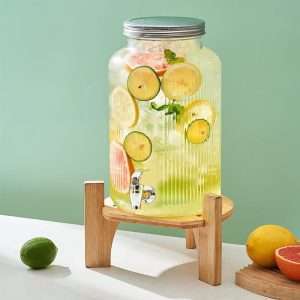 0.8 And 1.6 Gallon Crystal Clear Glass Sun Tea Jar Set With Wooden And Metal Stand