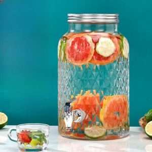Diamond Gallon Glass Sun Tea Jar Set with Wooden Stand and Spigot