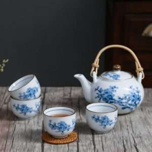 Antique Porcelain Hand-painted Plum Flower Japanese Teapot And Cup Set With Bamboo Handle