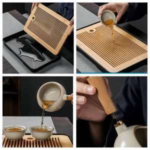 Portable Yellow Ru Kiln Style Ceramic Gongfu Tea Ceremony Set With Wooden Tray
