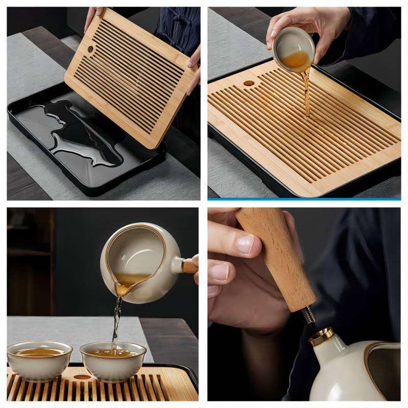 Portable Yellow Ru Kiln Style Ceramic Gongfu Tea Ceremony Set With Wooden Tray Portable Yellow Ru Kiln Style Ceramic Gongfu Tea Ceremony Set With Wooden Tray