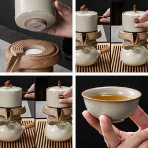 Portable Yellow Ru Kiln Style Ceramic Gongfu Tea Ceremony Set With Wooden Tray