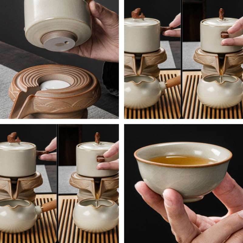 Portable Yellow Ru Kiln Style Ceramic Gongfu Tea Ceremony Set With Wooden Tray Portable Yellow Ru Kiln Style Ceramic Gongfu Tea Ceremony Set With Wooden Tray