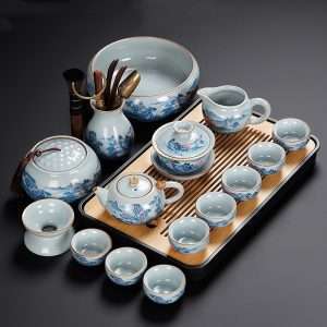 Ru Kiln Style Gongfu Tea Ceremony Set With Wooden Tray For Kung Fu Tea