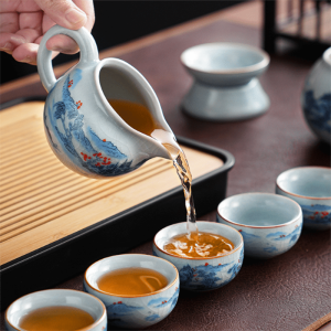 Ru Kiln Style Gongfu Tea Ceremony Set With Wooden Tray For Kung Fu Tea