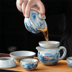 Ru Kiln Style Gongfu Tea Ceremony Set With Wooden Tray For Kung Fu Tea