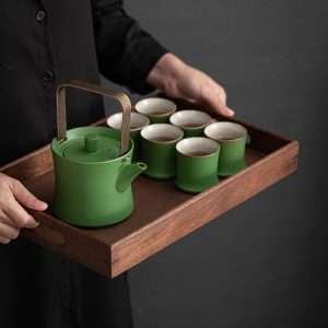 Green Bamboo Vintage Porcelain Japanese Teapot And Six Cup Set With Inner Infuser
