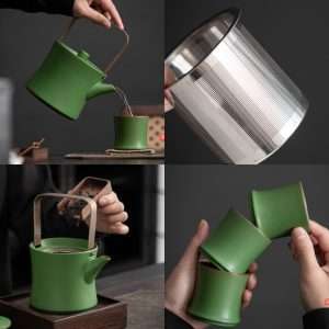 Green Bamboo Vintage Porcelain Japanese Teapot And Six Cup Set With Inner Infuser