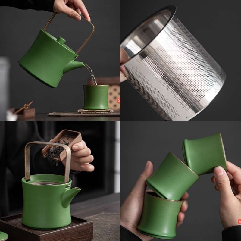 Green Bamboo Vintage Porcelain Japanese Teapot And Six Cup Set With Inner Infuser Green Bamboo Vintage Porcelain Japanese Teapot And Six Cup Set With Inner Infuser