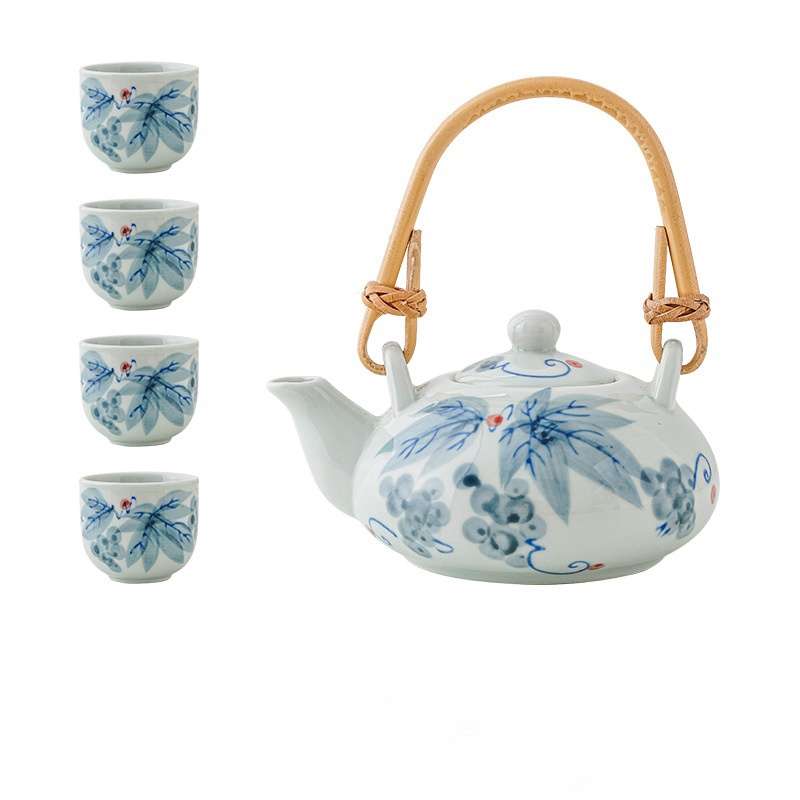 Antique Porcelain Hand-painted Grape Japanese Teapot Set With Bamboo Handle Antique Porcelain Hand-painted Grape Japanese Teapot Set With Bamboo Handle