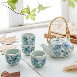 Antique Porcelain Hand-painted Grape Japanese Teapot Set With Bamboo Handle