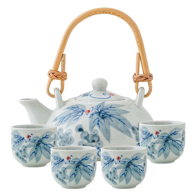 Antique Porcelain Hand-painted Grape Japanese Teapot Set With Bamboo Handle Antique Porcelain Hand-painted Grape Japanese Teapot Set With Bamboo Handle