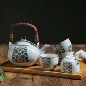 Vintage Porcelain Hand-painted Seawater Japanese Teapot And Cup Set With Rattan Woven Bamboo Handle