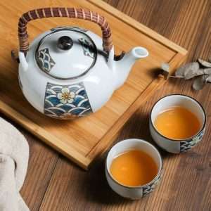 Vintage Porcelain Hand-painted Seawater Japanese Teapot And Cup Set With Rattan Woven Bamboo Handle