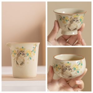 Cute Cat Pattern Porcelain Travel Tea Set With Case