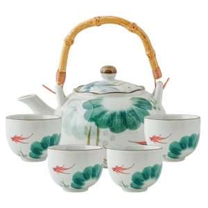 Antique Porcelain Hand-painted Lotus Leaf And Fish Japanese Teapot Set With Bamboo Handle