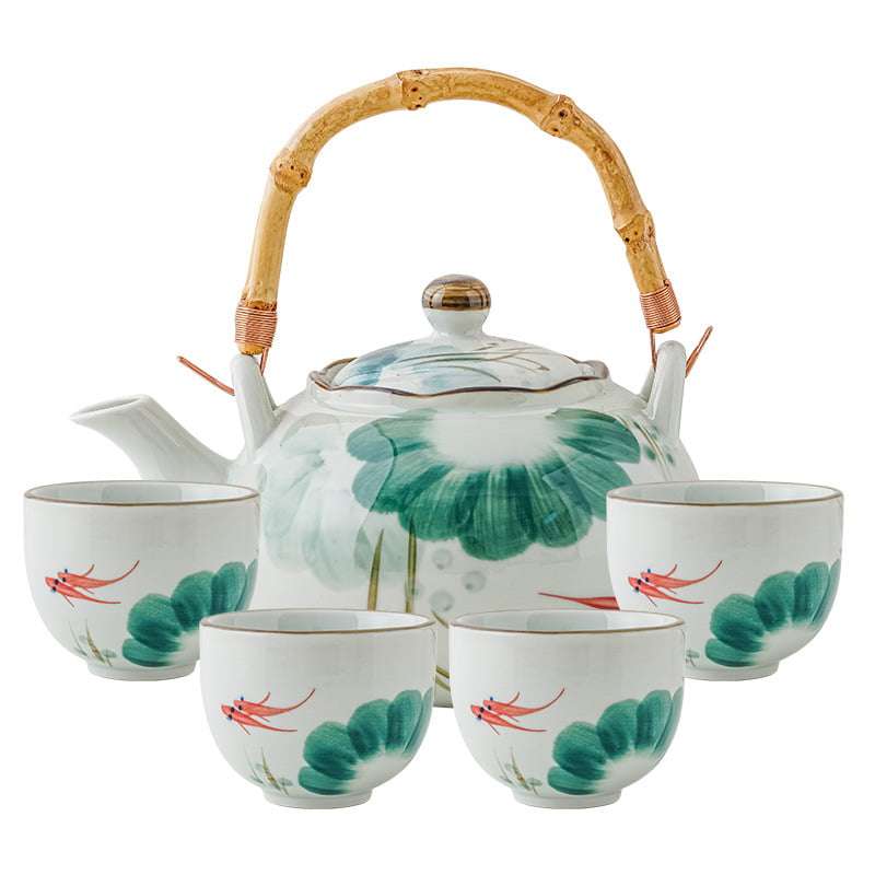 Antique Porcelain Hand-painted Lotus Leaf And Fish Japanese Teapot Set With Bamboo Handle Antique Porcelain Hand-painted Lotus Leaf And Fish Japanese Teapot Set With Bamboo Handle