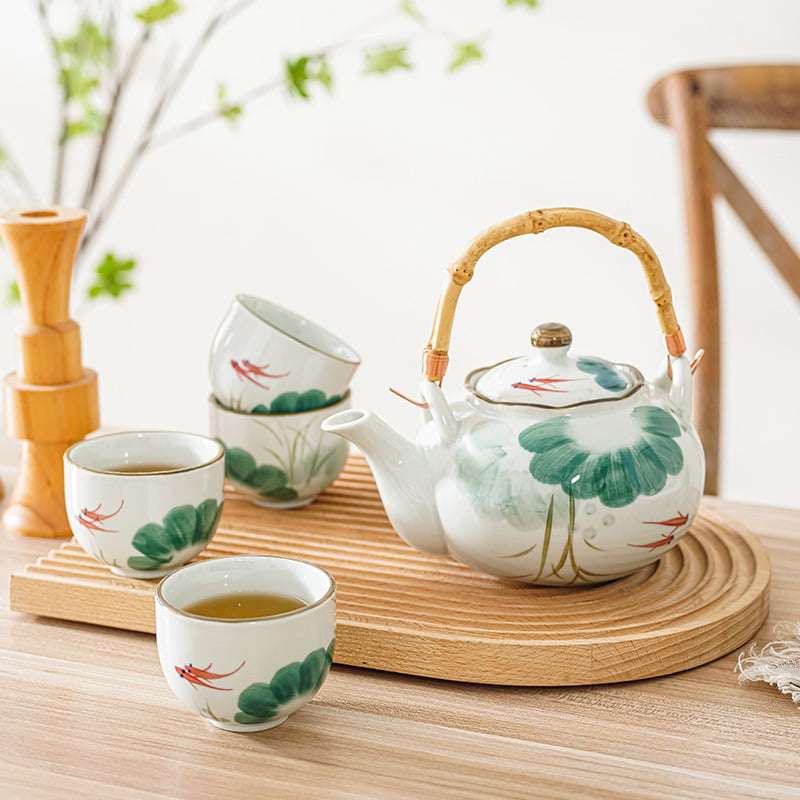 Antique Porcelain Hand-painted Lotus Leaf And Fish Japanese Teapot Set With Bamboo Handle Antique Porcelain Hand-painted Lotus Leaf And Fish Japanese Teapot Set With Bamboo Handle