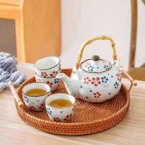 Vintage Porcelain Hand-painted Sakura Japanese Teapot And Cup Set Bamboo Handle