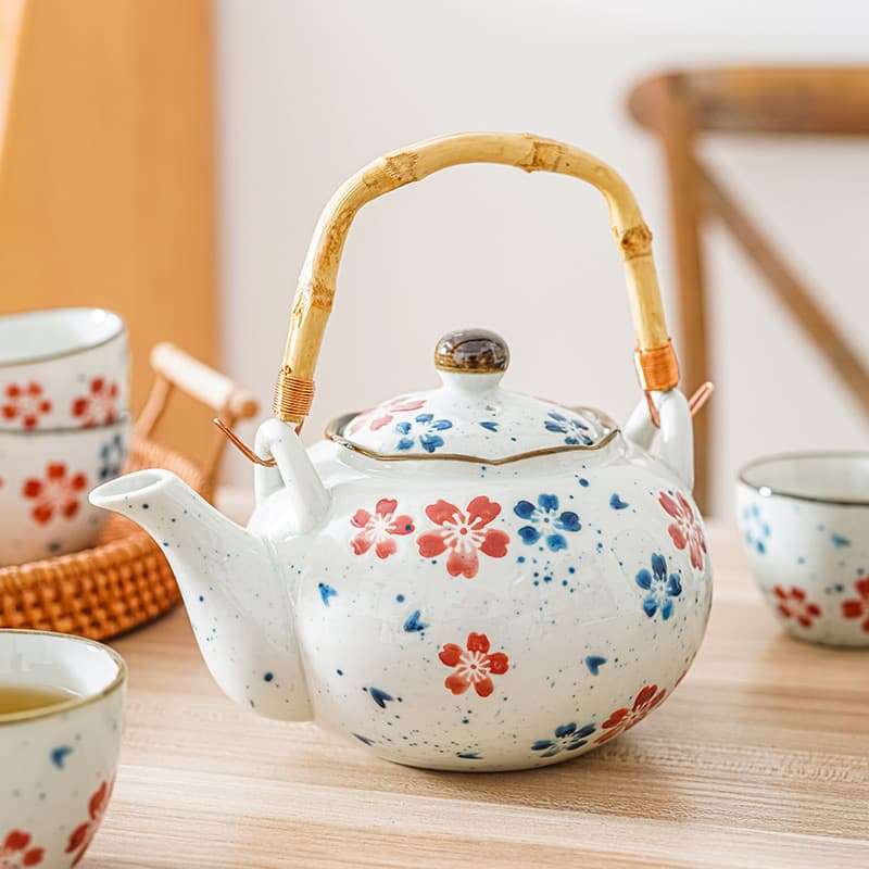 Vintage Porcelain Hand-painted Sakura Japanese Teapot And Cup Set Bamboo Handle Vintage Porcelain Hand-painted Sakura Japanese Teapot And Cup Set Bamboo Handle