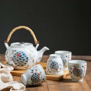 Vintage Porcelain Hand-painted Crane Japanese Teapot And Cup Set With Bamboo Handle