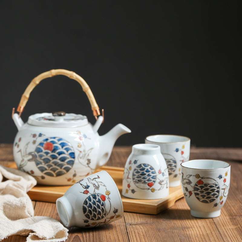Vintage Porcelain Hand-painted Crane Japanese Teapot And Cup Set With Bamboo Handle Vintage Porcelain Hand-painted Crane Japanese Teapot And Cup Set With Bamboo Handle