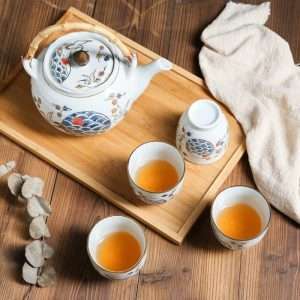 Vintage Porcelain Hand-painted Crane Japanese Teapot And Cup Set With Bamboo Handle