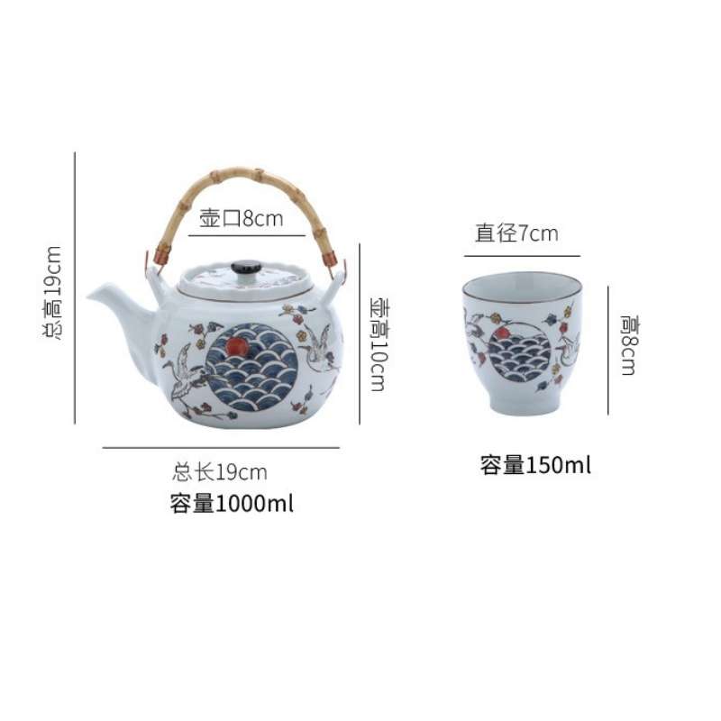 Vintage Porcelain Hand-painted Crane Japanese Teapot And Cup Set With Bamboo Handle Vintage Porcelain Hand-painted Crane Japanese Teapot And Cup Set With Bamboo Handle