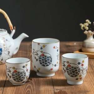 Vintage Porcelain Hand-painted Crane Japanese Teapot And Cup Set With Bamboo Handle