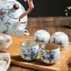 Antique Porcelain Hand-painted Bird And Flower Japanese Teapot Set With Rattan Woven Bamboo Handle