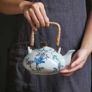 Antique Porcelain Hand-painted Bird And Flower Japanese Teapot Set With Rattan Woven Bamboo Handle